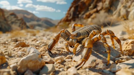 Scorpion Poised in Desert Terrain Survival Instinct and Defensive Posture Captured in Close Up Photograph - obrazy, fototapety, plakaty