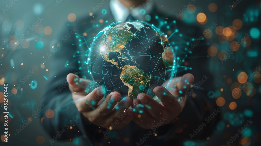 Aufkleber Three-dimensional rendering of a businessman on a blurred background using a flying earth network interface