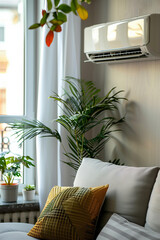 
Modern air conditioner on the wall in the living room with a sofa and potted plants near the window. A cool home summer air concept.