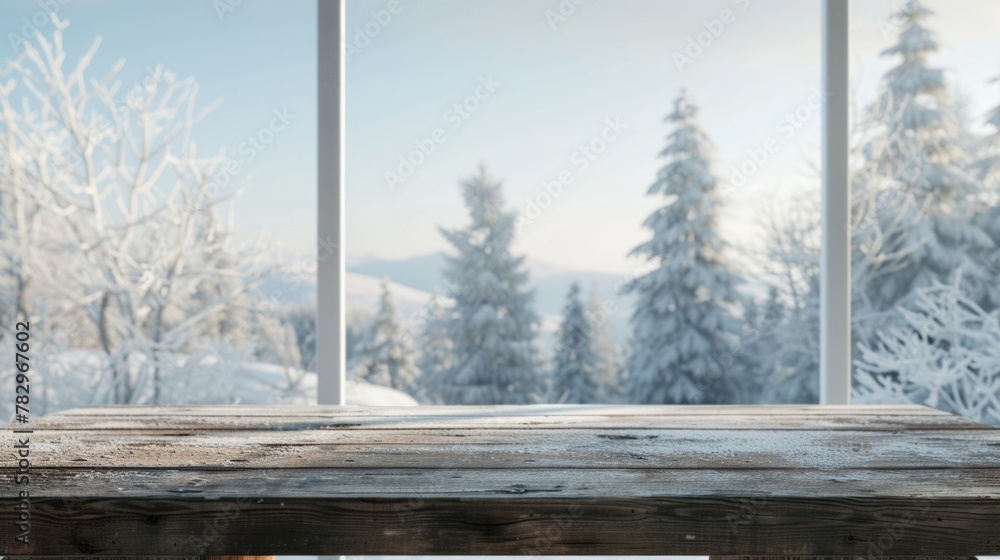 Poster a wooden table placed in front of a window. suitable for interior design concepts