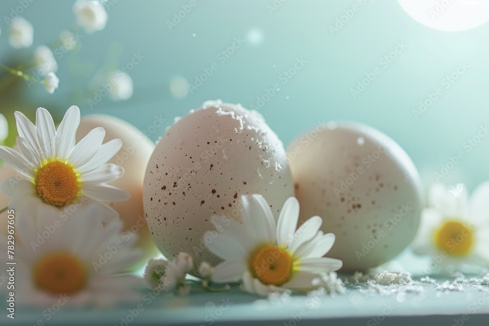Poster a group of eggs sitting on top of a table. perfect for food and cooking concepts