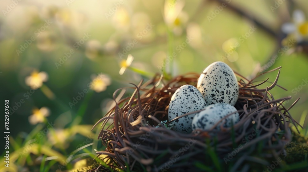 Poster three speckled eggs in a nest in the grass. suitable for nature and wildlife themes