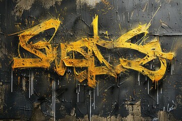 Intricate gold graffiti in a calligraphy style dances across a black background, featuring bold lines, spray paint textures, and dripping white accents