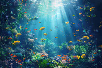 Fototapeta na wymiar Animals of the underwater sea world. Ecosystem. Colorful tropical fishs. Life in the coral reef.