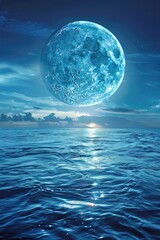 A stunning image of a full moon rising over the ocean at night. Perfect for nature and landscape themes