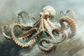 digital painting of Underwater world. Cartoons Octopus. corals. illustration