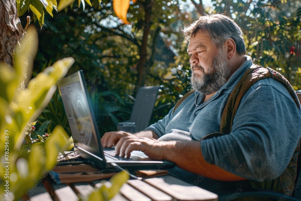 Poster A man sitting at a table using a laptop. Perfect for technology concepts