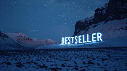 Starry Night Over Snowy Mountain Landscape with Neon Bestseller Sign - obrazy, fototapety, plakaty