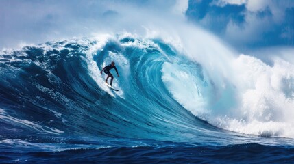 Surfer is on the surf board on the crest of a wave in the ocean