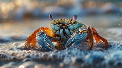 Scuttling Crab Along the Coastal Shoreline Quick Movements and Claws on the Sandy Beach as the Waves Crash - obrazy, fototapety, plakaty