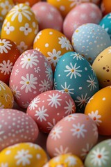 Fototapeta na wymiar Colorful painted Easter eggs on a table. Perfect for Easter-themed designs