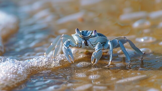 Scuttling Crab Exploring the Shore s Wet Sands Amid the Splashing Waves and Coastal Environment