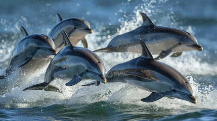 Joyous Dolphins Leaping in Unison Spirits of the Sea Soaring Through the Waves