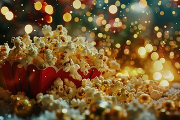 A pile of popcorn on a table, perfect for food and entertainment themes - obrazy, fototapety, plakaty
