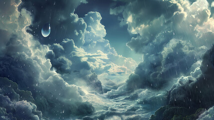 Ethereal cloudscape with raindrops and water elements, an artistic background for fantasy stories or weather-related educational materials - obrazy, fototapety, plakaty
