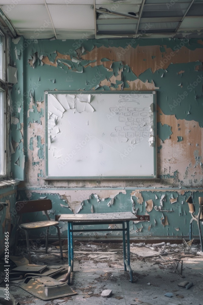 Poster a vintage classroom setting with peeling paint and a chalkboard. ideal for educational concepts