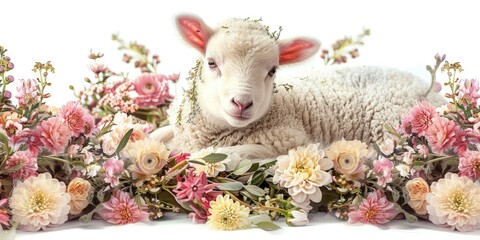 A sheep laying in a bed of colorful flowers. Suitable for nature or animal-related designs