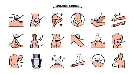 Laser hair removal color icons set. Editable stroke. Outline epilation symbols. Apparatus, equipment. Vector illustration isolated on white.