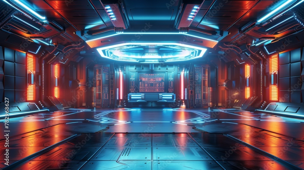 Leinwandbilder this 3d rendering shows an empty stage surrounded by futuristic interior designs. it is set against 