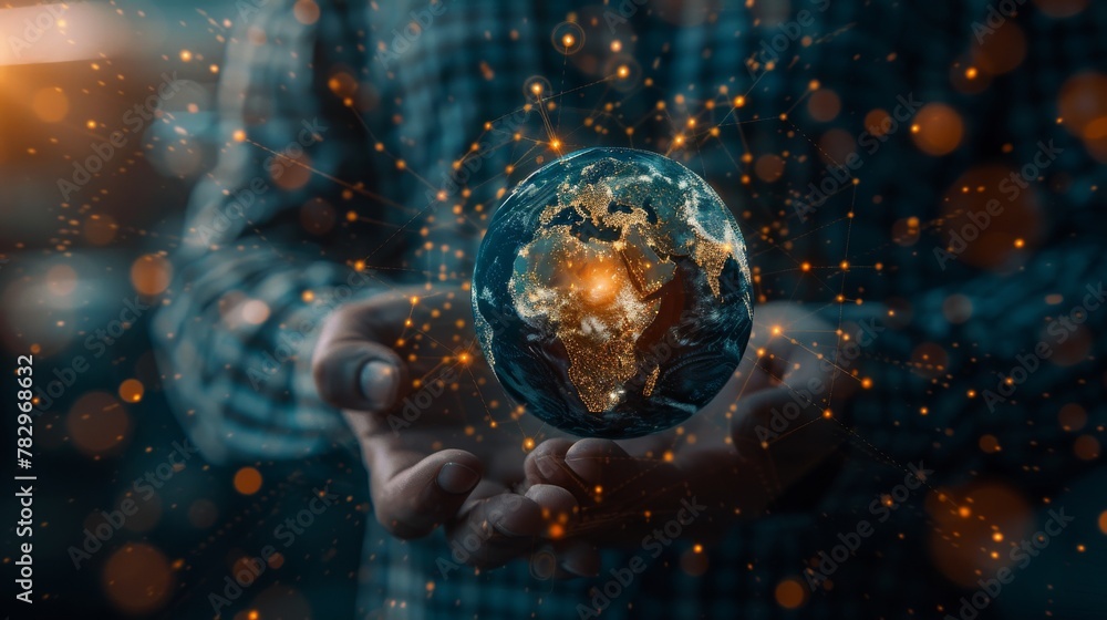 Aufkleber a blurry 3d rendering of the flying earth network interface, activated by a businessman in a blurry 