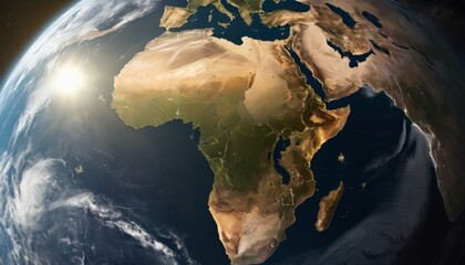 A photorealistic image showcasing the continent of Africa illuminated by a breathtaking sunrise from the edge of space with clouds and atmosphere.