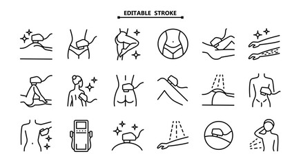 Laser hair removal line icons set. Editable stroke. Outline epilation symbols. Apparatus, equipment. Vector illustration isolated on white.