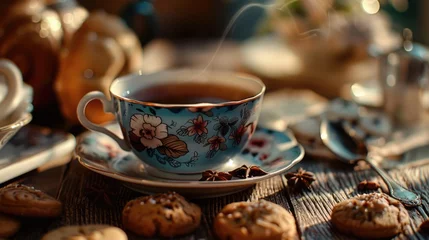 Foto op Canvas A cozy scene with a cup of tea and cookies, perfect for illustrating relaxation or break time © Fotograf