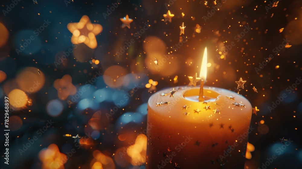 Poster a single lit candle sitting on top of a table. suitable for various concepts and designs