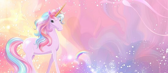Fototapeta premium Majestic mythical creature with a vibrant rainbow mane standing elegantly against a soft pink backdrop