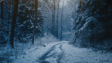 A snow covered path in a snowy forest. Great for winter themed designs