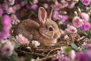 Fototapeta premium A cute rabbit sitting in a nest of colorful flowers. Perfect for springtime designs