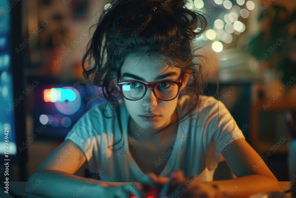 Poster a woman in glasses typing on a computer. suitable for technology concepts