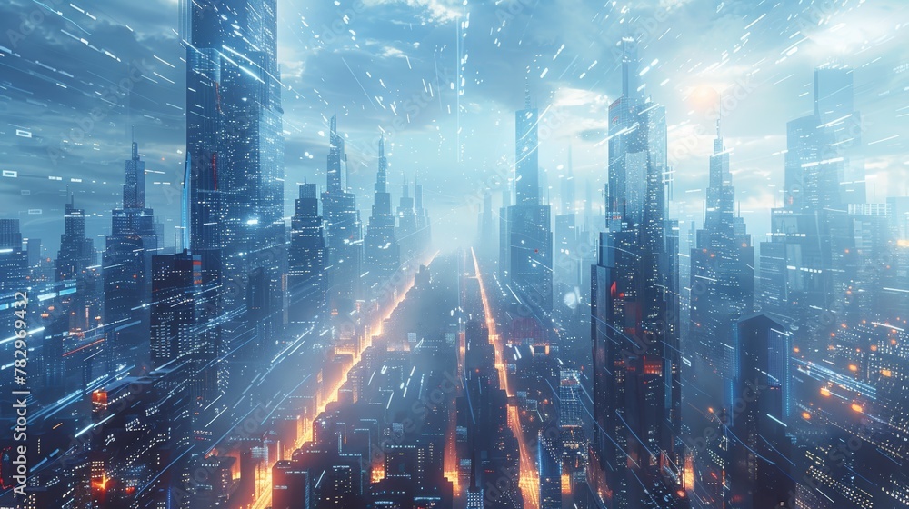 Poster A futuristic skyscraper in the flow. A city of the future. Illustration. 3D rendering.