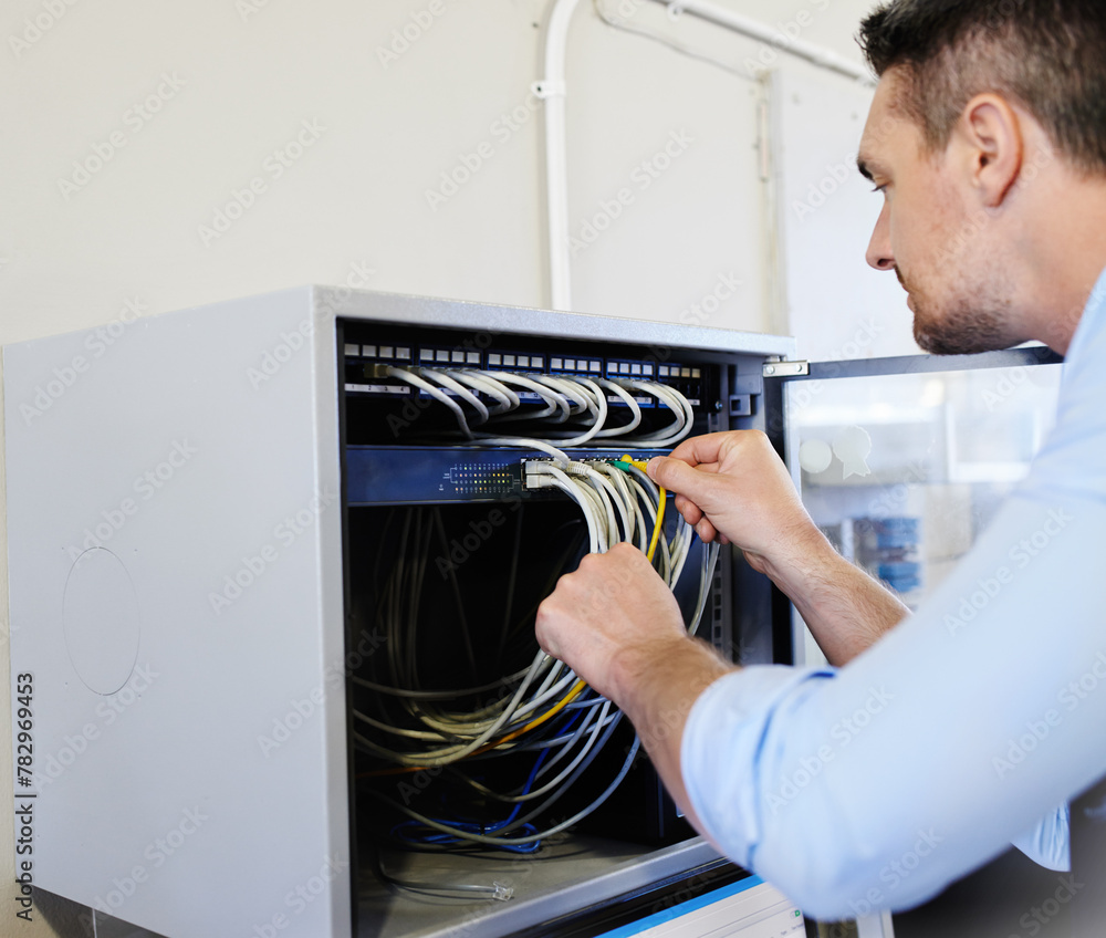 Aufkleber server room, man or technician fixing cables for cyber security glitch, web 3.0 or hardware cords. e