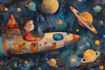 A young child pilots a cardboard rocket through a painted galaxy