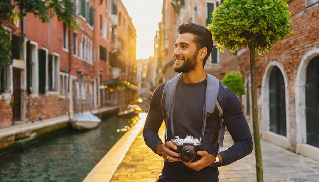 Handsome young photographer takes photos on the streets of Venice.