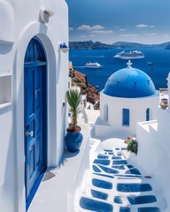 Santorini, Greece, idyllic villa with caldera view, blue doors, travel photography capturing serene island vibes, mediterranean architecture and stunning coastal landscapes.