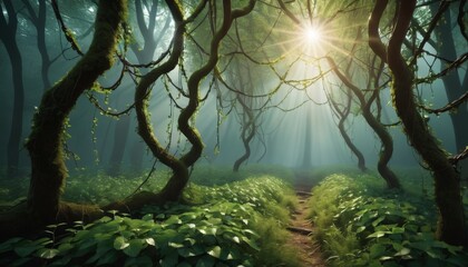 Sunlight filters through a mystic forest, illuminating a path lined with verdant foliage and whimsically twisted trees.. AI Generation