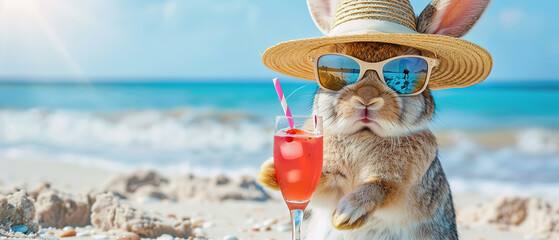 Happy and smiling to rabbit in a bright summer hat and stylish sunglasses holding a cocktail glass with a tasty drink on the beach