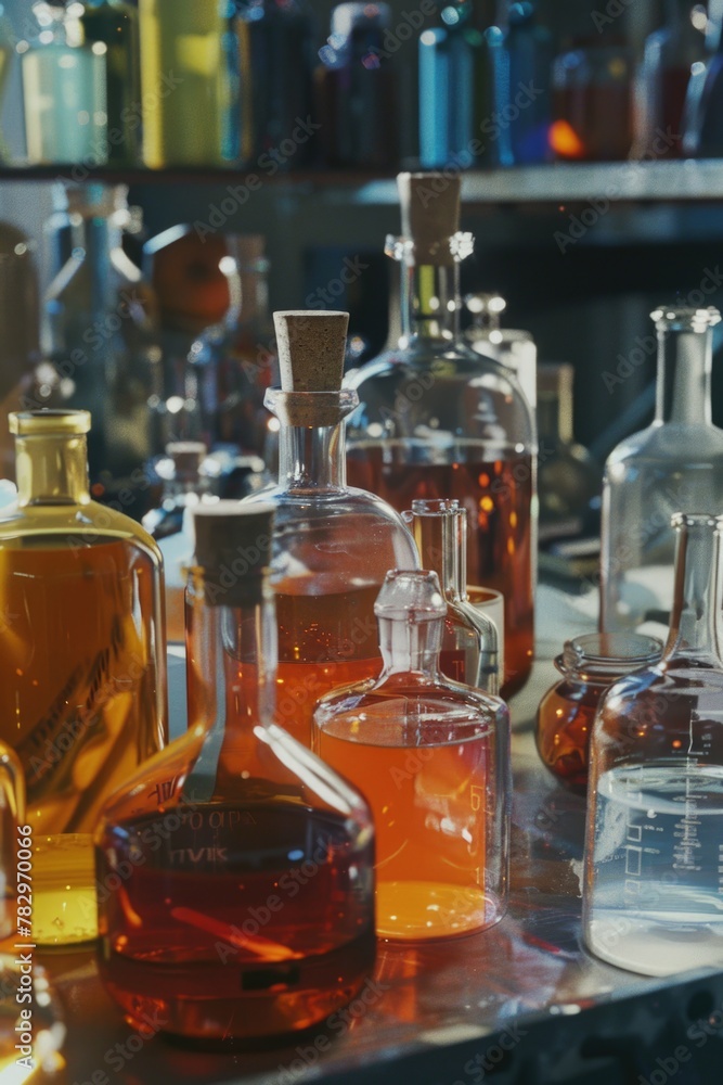 Poster A collection of bottles on a table, suitable for various uses