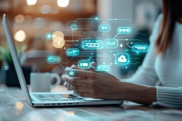 Global Connection: Person holding tablet with social icons in a digital world