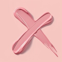 Close-up image of an pink X painted with lip gloss on a pink background.