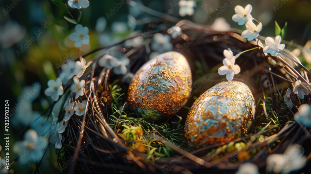 Poster three golden eggs in a nest surrounded by white flowers. suitable for easter and spring-themed desig