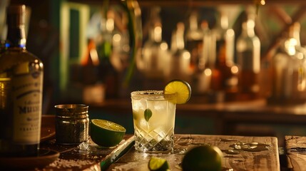 Tequila with lime on wooden table