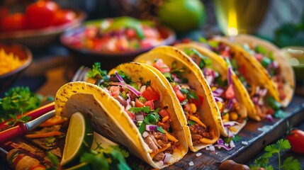 Tacos with vegetable filling on cutting board