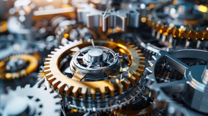 Fototapeta premium Interlocking gears, meticulously aligned, offer a glimpse into the world of precision machinery, where every cog plays a vital role in the grand orchestration of complex processes. 