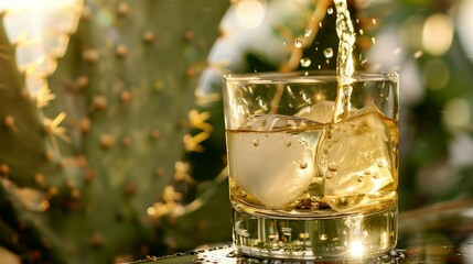 Tequila with ice on background of cactus