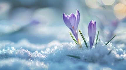 Beautiful purple flowers contrast against the snowy background, perfect for winter themes