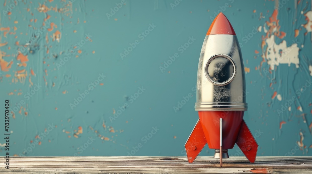 Poster Realistic rendering of a red and silver retro rocket stand colliding with a wooden desk on a blue background. Failed launch. Technical error.