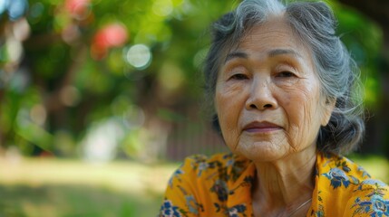 An older woman sitting in a park, looking at the camera. Suitable for various concepts